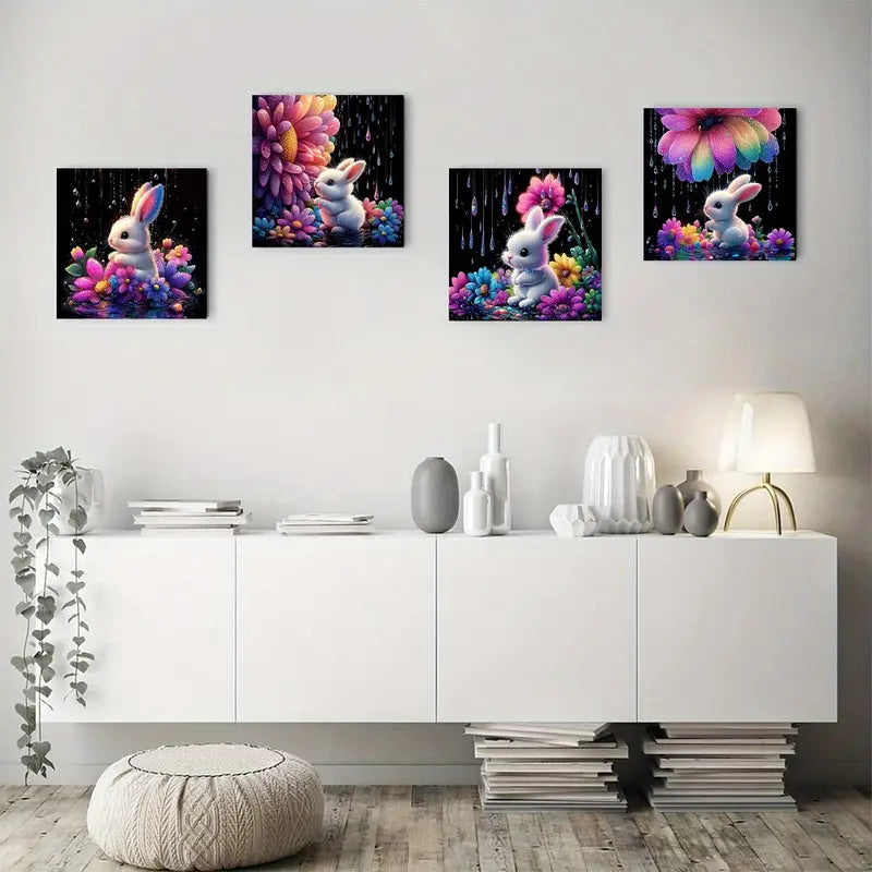 4pcs Vibrant Flower & Rabbit Designs, Watercolor Wall Art Canvas Framed