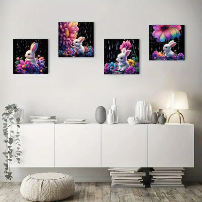 4pcs Vibrant Flower & Rabbit Designs Wall Art Canvas Framed