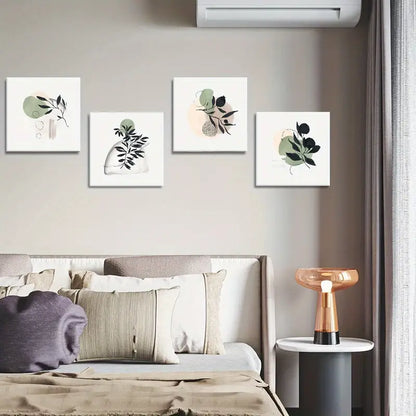 4pcs Black Branches And Leaves Wall Art Canvas Framed