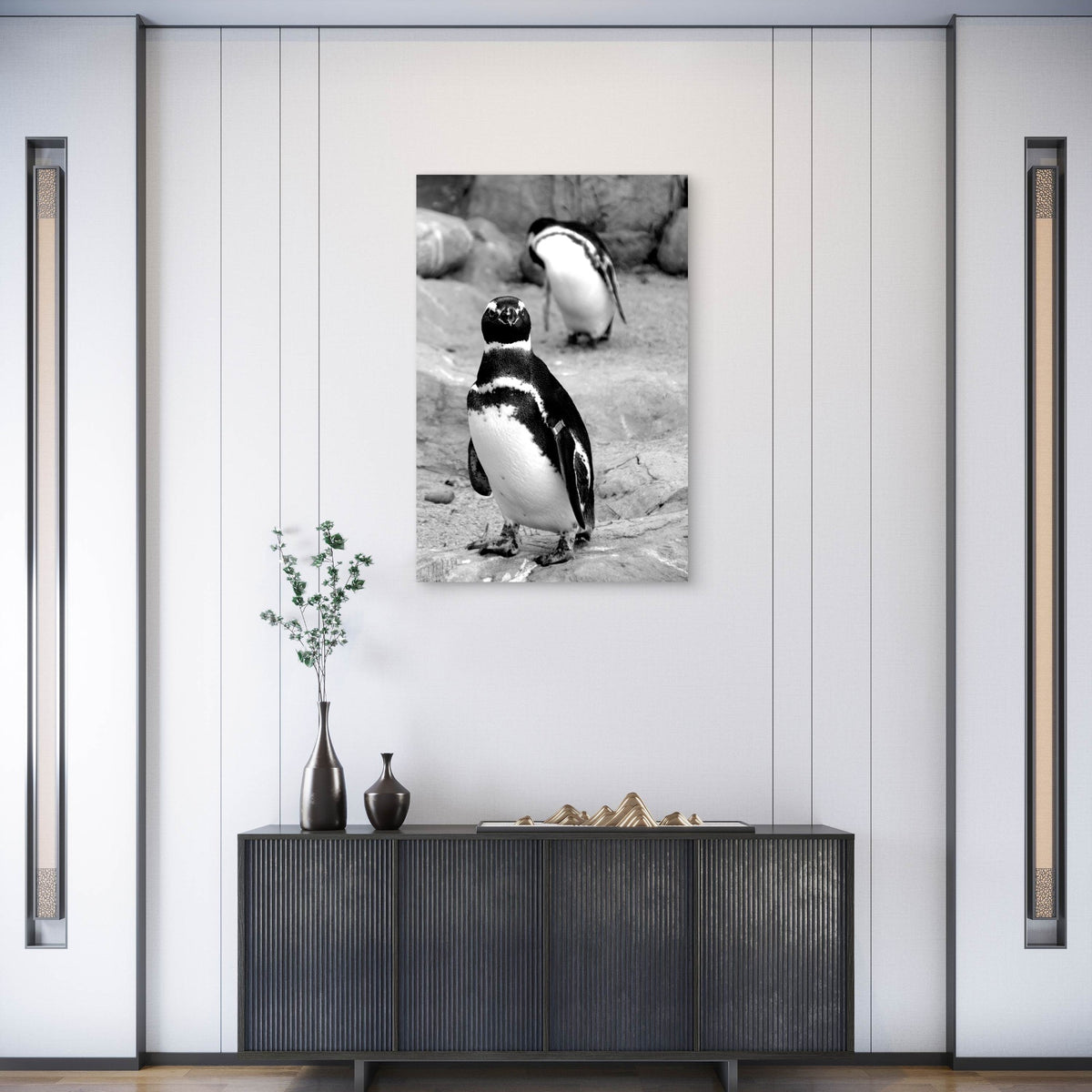 White And Black Penguin On Gray Sand Photo 60x90cm Metal Print Ready to Hang