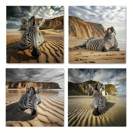 4pcs Decor Desert Zebra  Wall Art Canvas Framed