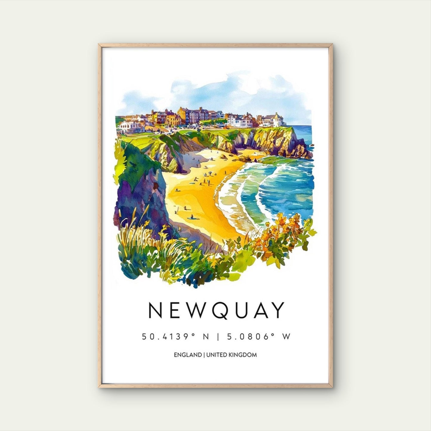 Coastal Cliffs Overlooking Newquay Beach England Travel Poster Print Wall Art