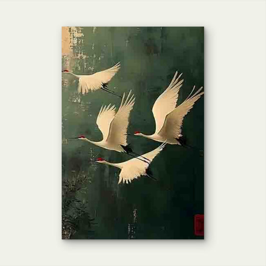 Four Red-Crowned Cranes 60x90cm Metal Print Ready to Hang - Bella Home Decor