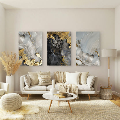 3pcs Abstract Gold Foil Black Grey Marble Wall Art Set Canvas Framed 50x70cm - High Quality Print 100% Australian Made Wall Canvas Ready to Hang