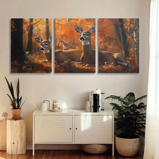 3pcs Deer in the Woods Autumn Trees Metal Print Ready to Hang Art