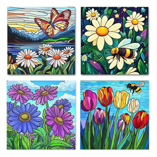 4pcs Painting Summer insect flower Wall Art Canvas Framed