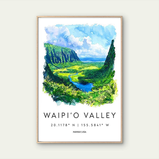 Vintage Waipi'o Valley Hawaii Watercolor Travel Poster Print Wall Art