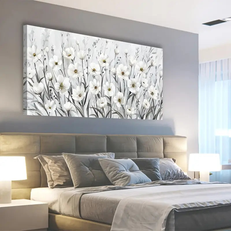 Grey White Wildflowers Botanical Elegant Floral Wall Art  canvas office home room framed 120x60cm
