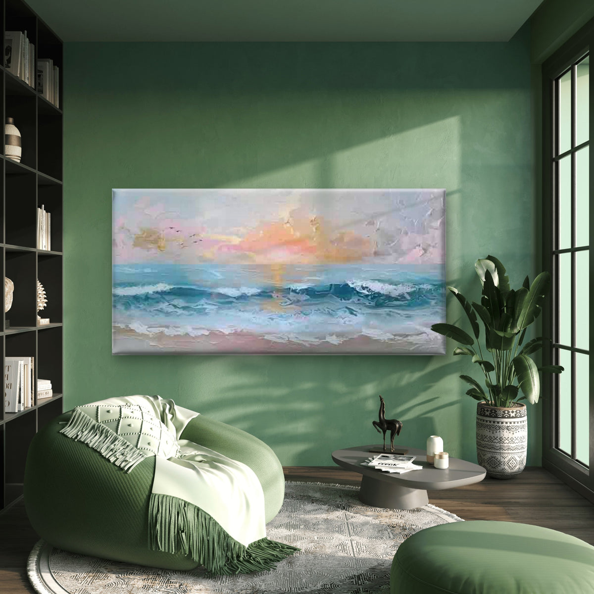 Sunset Beach Ocean Waves Wall Art Canvas Office Home Room Framed 120x60cm