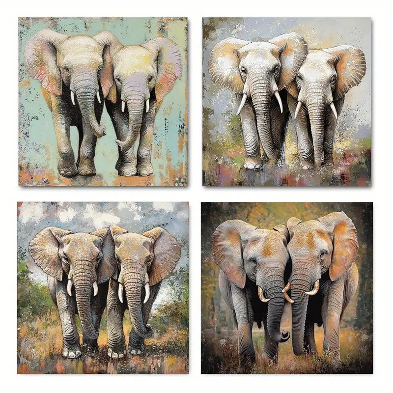 4pcsBoho Elephant Abstract  Wall Art Canvas Framed