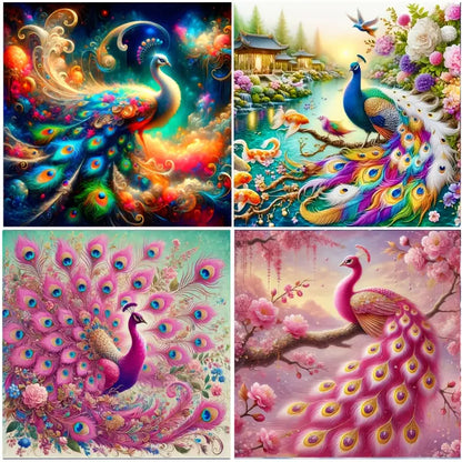 4pcs Peacock Flower Animal Wall Art Canvas Framed
