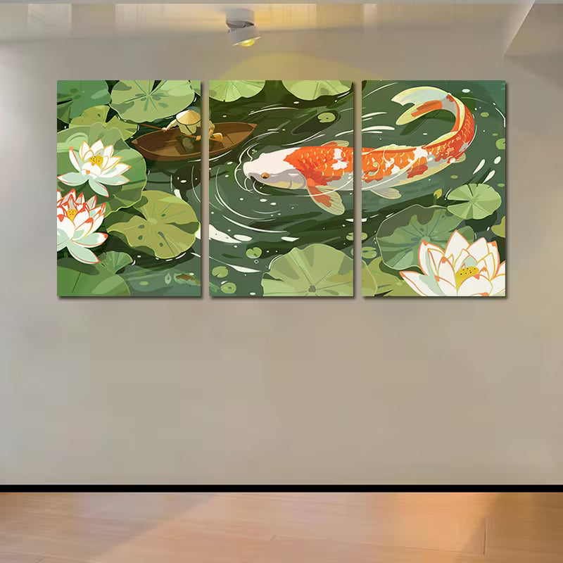 3pcs Fisherman on Boat Casting Net in Lotus Pond Wall Art Set Canvas Framed 50x70cm - High Quality Print 100% Australian Made Wall Canvas Ready to Hang