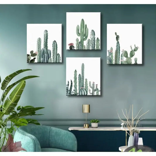 4pcs Mint Green Cactus Wall Art Canvas Framed
