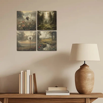 4pcs Pine Tree With Lake,Butterfly Wall Art Canvas Framed