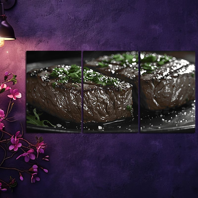 3pcs Cooked Beef Steak served with Fresh Herbs Wall Art Set Canvas Framed 60x90cm - High Quality Print 100% Australian Made Wall Canvas Ready to Hang