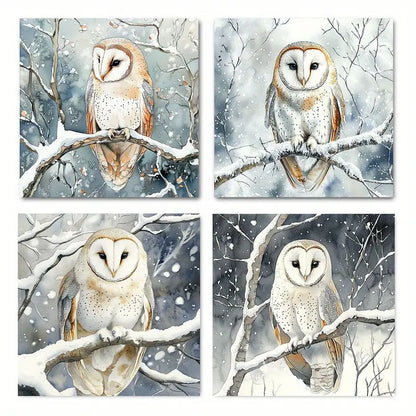 4pcs Barn Owl Snow  Wall Art Canvas Framed