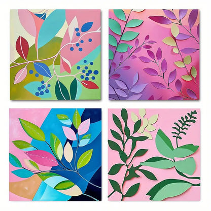 4pcs Floral Tropical Leaf & Flower  Wall Art Canvas Framed