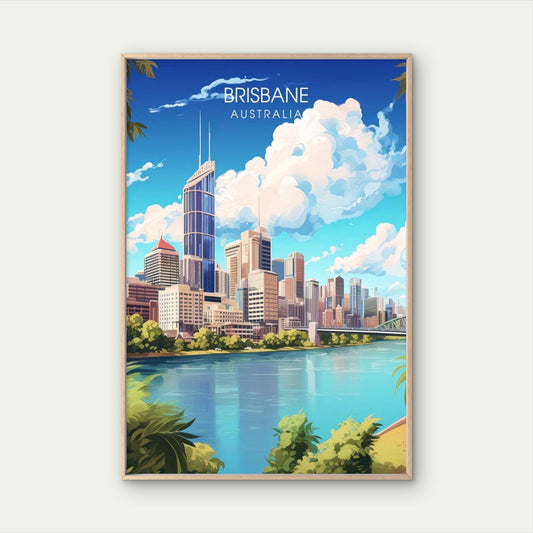 Brisbane Australia Cityscape Skyline Travel Poster Print Wall Art