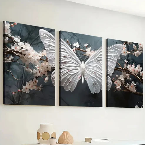 3pcs Modern Wind White Butterfly Flower Animal Wall Art Set Canvas Unframed - High Quality Print 100% Australian Made Wall Canvas