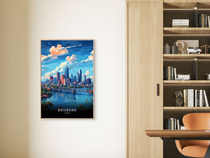 Brisbane Australia Deco Style Vibrant Cityscape Travel Poster Print Wall Art