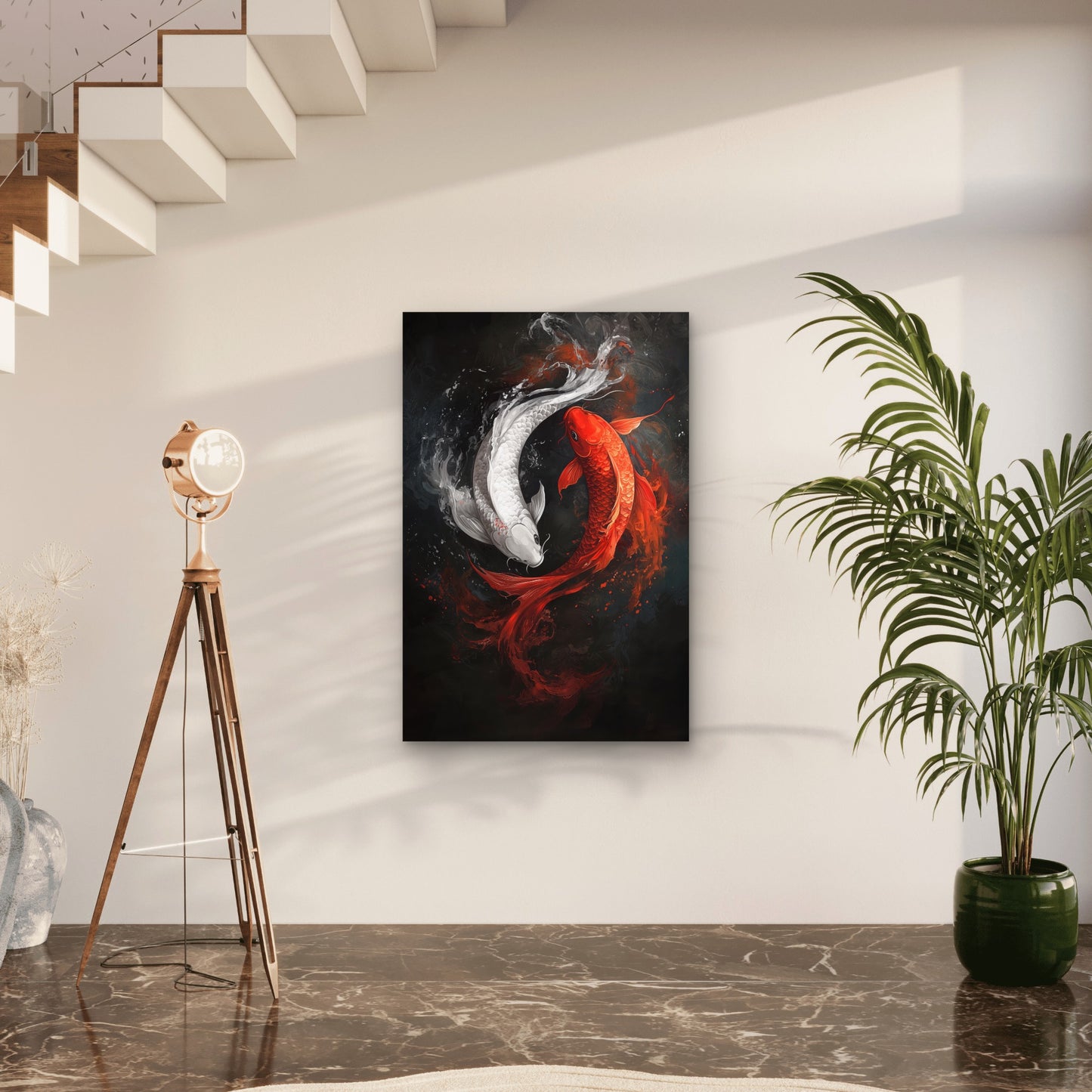 Two Koi Fish Swimming Dynamic Water Flow 60x90cm Metal Print Ready to Hang