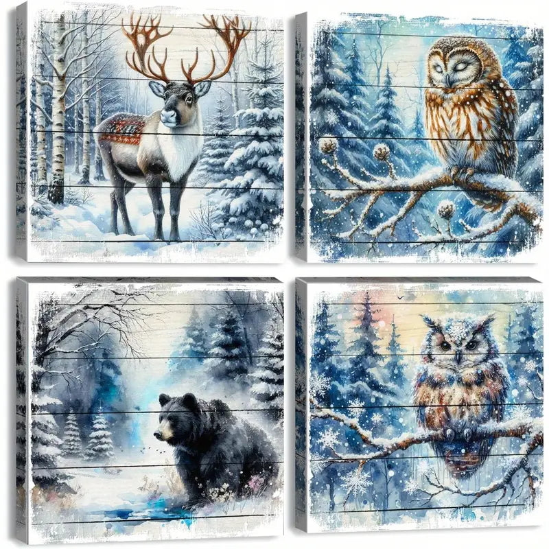 4pcs Deer, Owl, Bear In Snowy Landscape Wall Art Canvas Framed