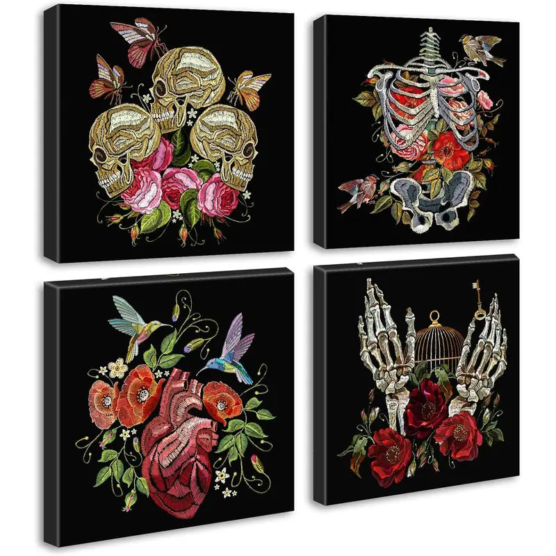 4pcs  Gothic Floral Skeleton Wall Art Canvas Framed