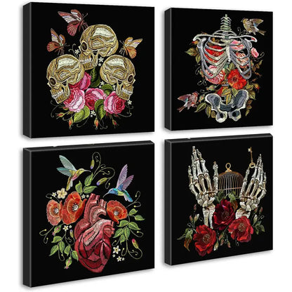 4pcs  Gothic Floral Skeleton Wall Art Canvas Framed