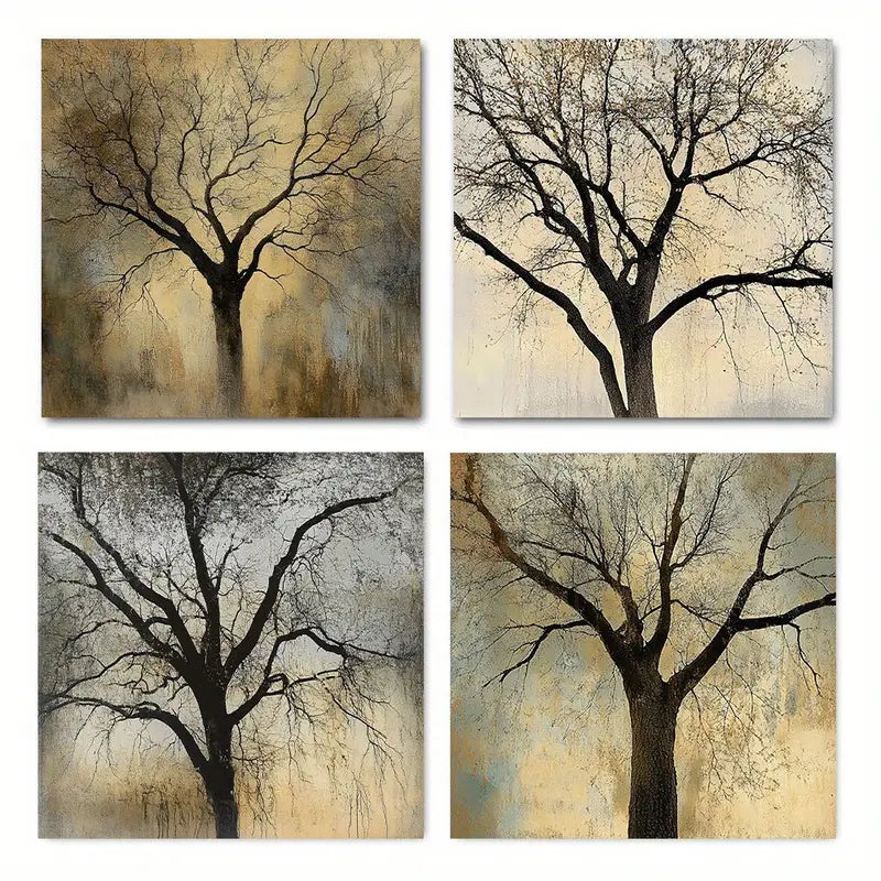 4pcs Abstract Rustic Golden Tree Art Wall Art Canvas Framed