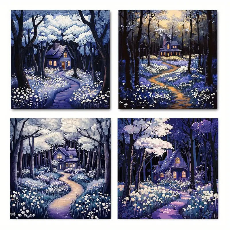 4pcs  Night Forest Floral Cottage Picture   CP    Wall Art Canvas Framed