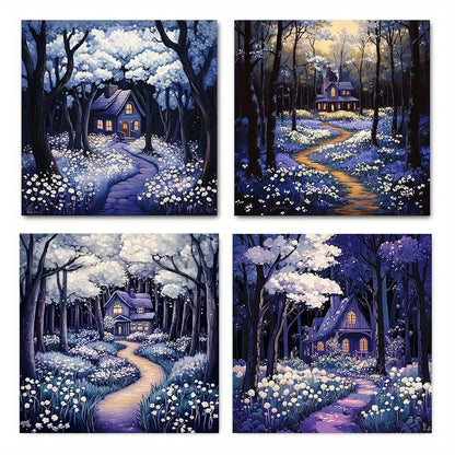 4pcs  Night Forest Floral Cottage Picture   CP    Wall Art Canvas Framed