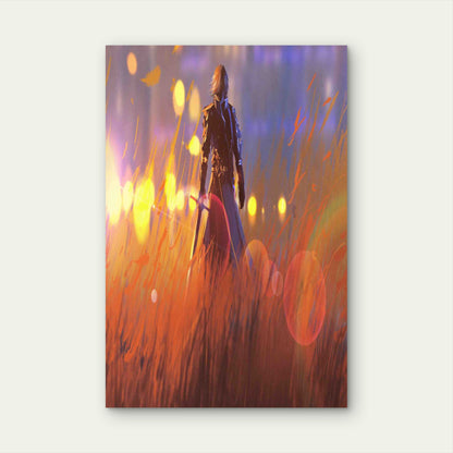 Knight Warrior Standing Sword Field 60x90cm Metal Print Ready to Hang