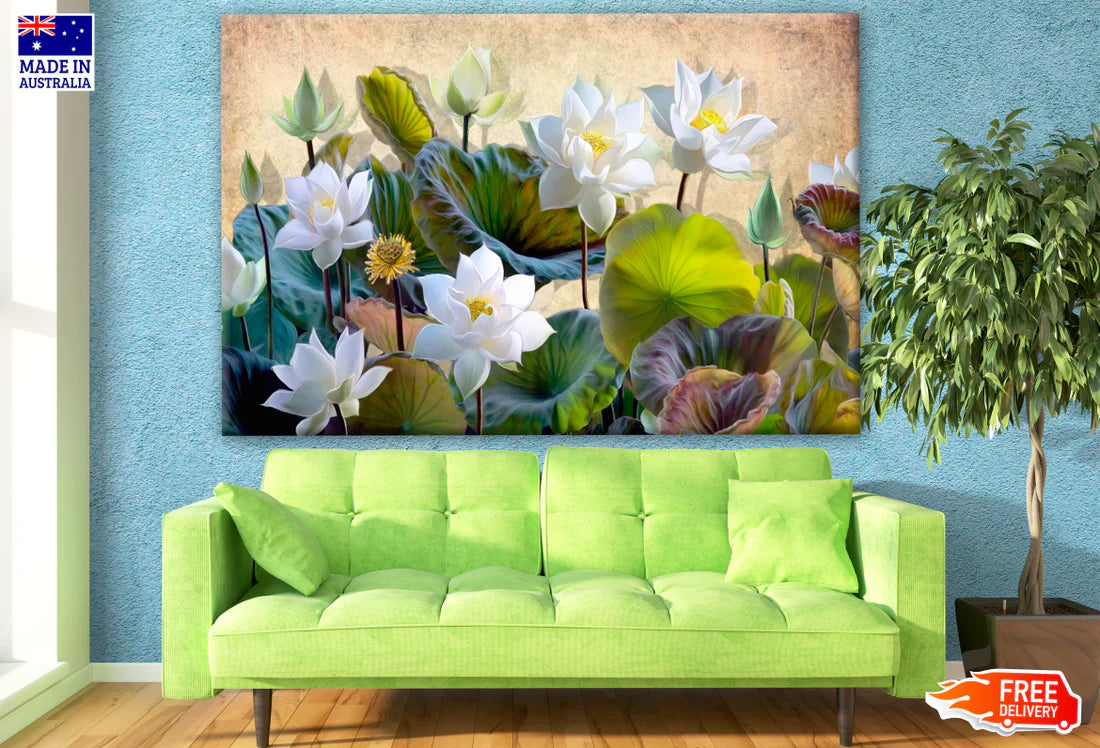 Blooming White Lotus Flowers with Green Leaves Painting 90x60cm Print 100% Australian Made