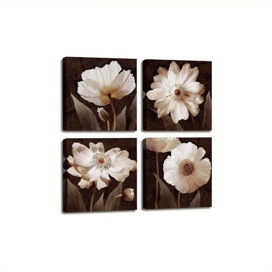 4pcs White Flowers Painting With Brown Backgroun Wall Art Canvas Framed