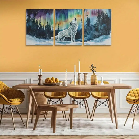 3pcs White Wolf Howling in Snow with Northern Lights Metal Print Ready to Hang Art