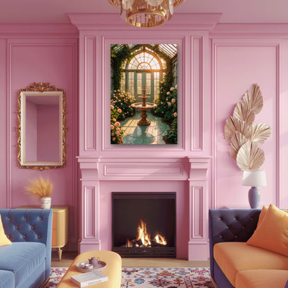 Sunlit Greenhouse Fountain 60x90cm Metal Print Ready to Hang