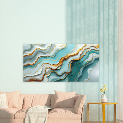 Turquoise Tides Gilded Ripples Wall Art Canvas Office Home Room Framed 120x60cm