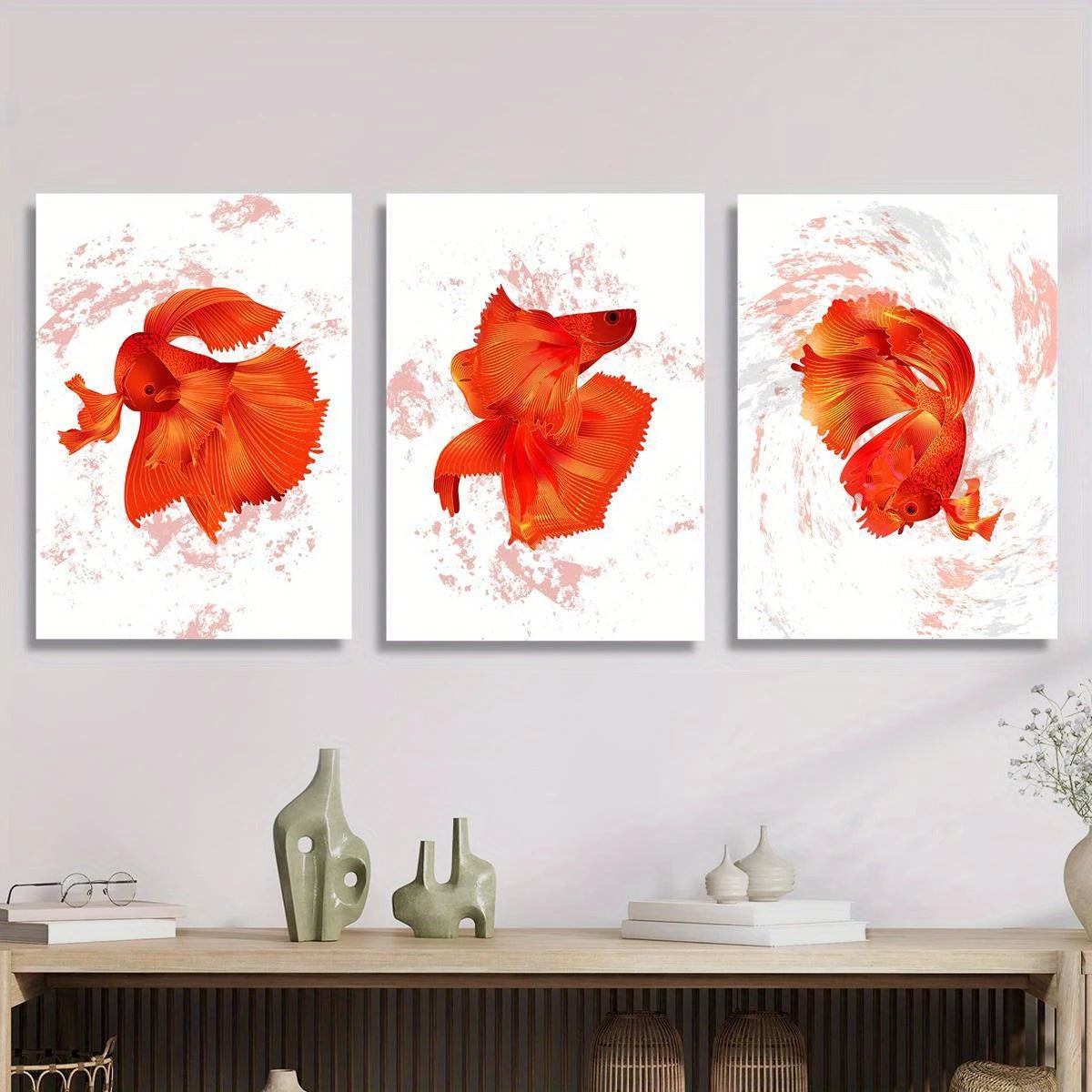 3pcs Vibrant Red Orange Goldfish Classic Design Metal Print Ready to Hang Art