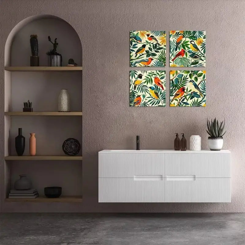 4pcs  Teal Botanical Wall Decor Animal  DF    Wall Art Canvas Framed