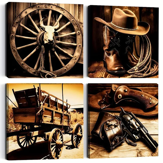 4pcs Cowboy Hat Boot Saddle Faux LeatherWall Art Canvas Framed