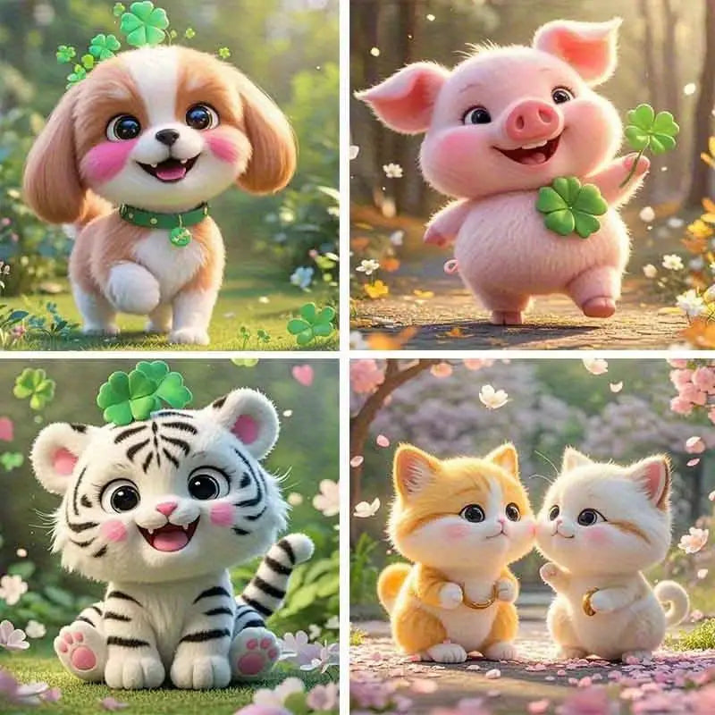 4pcs Cute Little Tiger,Dog,Pig And Kitty Wall Art Canvas Framed