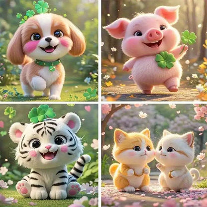 4pcs Cute Little Tiger,Dog,Pig And Kitty Wall Art Canvas Framed