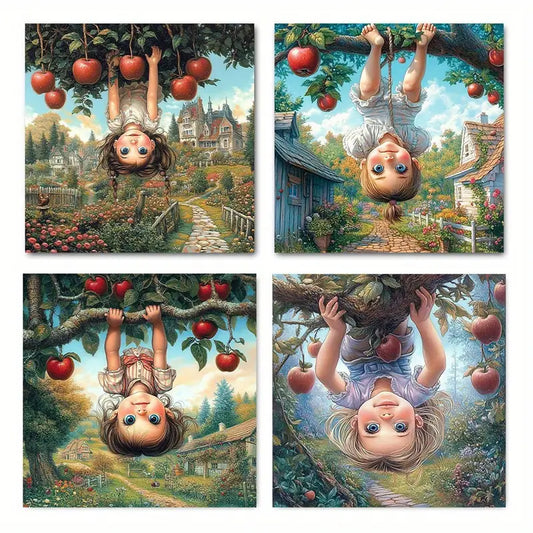 4pcs Girl Trunk Apple Bird Picture Wall Art Canvas Framed