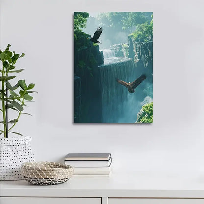 Cyberpunk Eagle & Waterfall Scene Vibrant Morning 40x60cm Metal Print Ready to Hang