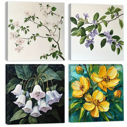 4pcs Elegant White, Purple, Yellow & Green Flower Painting Wall Art Canvas Framed