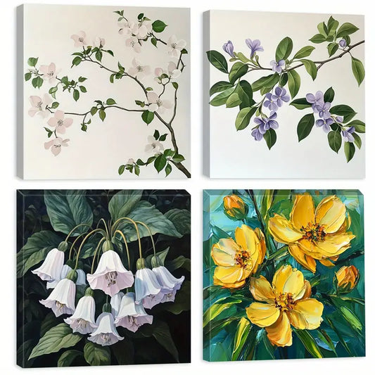 4pcs Elegant White, Purple, Yellow & Green Flower Painting Wall Art Canvas Framed