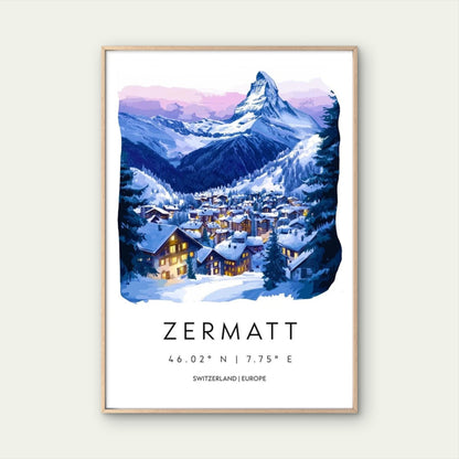 Zermatt Switzerland Mountain Village Art Travel Poster Print Wall Art