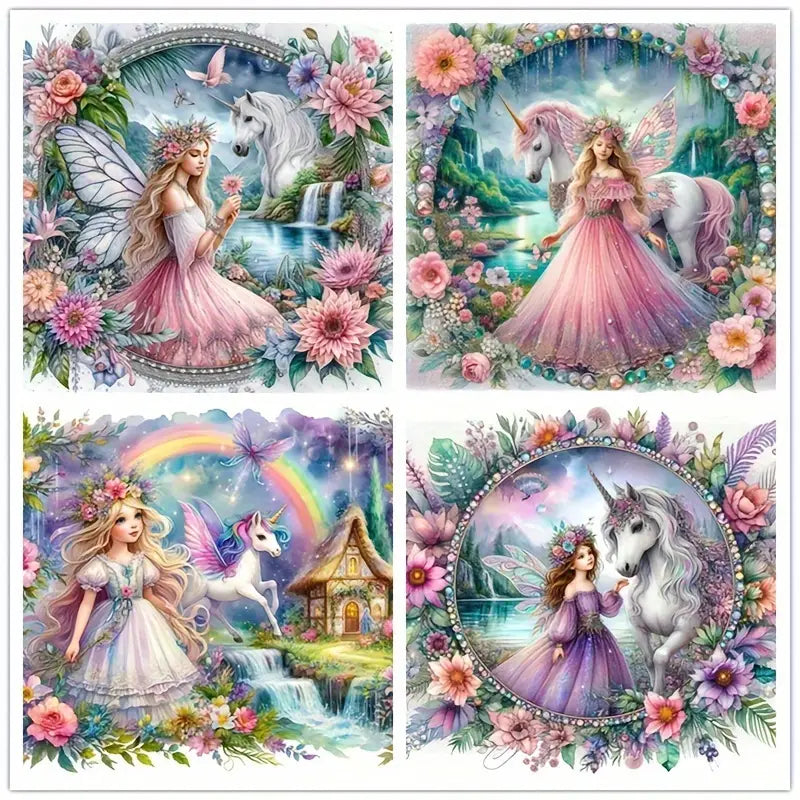 4pcs Fantasy Kingdom Princess and Unicorn  Wall Art Canvas Framed