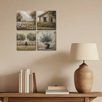 4pcs Wild House With Shep Golden Background Wall Art Canvas Framed