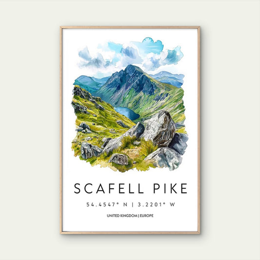 Watercolor painting of Scafell Pike mountain Travel Poster Print Wall Art